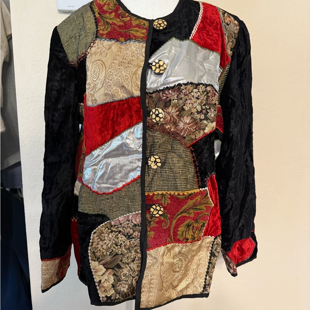 VTG Allure Patchwork Blazer Jacket Black Multi Long Sleeves Buttons Artsy Large